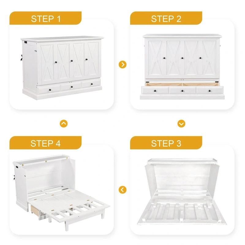 Lit escamotable de style campagnard, commode cubique convertible gain de place avec grands tiroirs et station de recharge, lit plateforme pliable