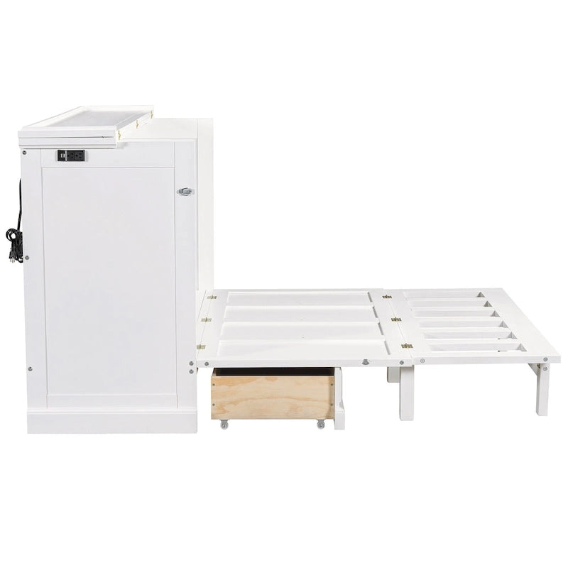 Lit escamotable de style campagnard, commode cubique convertible gain de place avec grands tiroirs et station de recharge, lit plateforme pliable