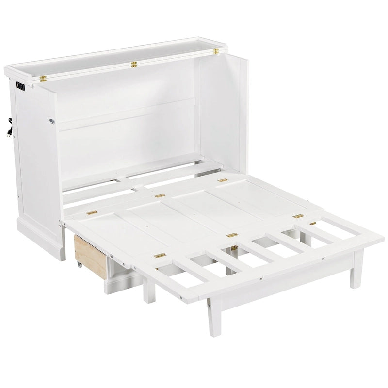 Lit escamotable de style campagnard, commode cubique convertible gain de place avec grands tiroirs et station de recharge, lit plateforme pliable