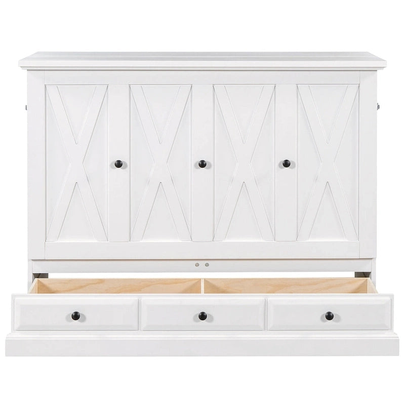 Lit escamotable de style campagnard, commode cubique convertible gain de place avec grands tiroirs et station de recharge, lit plateforme pliable