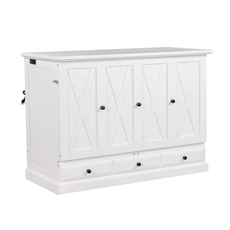 Lit escamotable de style campagnard, commode cubique convertible gain de place avec grands tiroirs et station de recharge, lit plateforme pliable