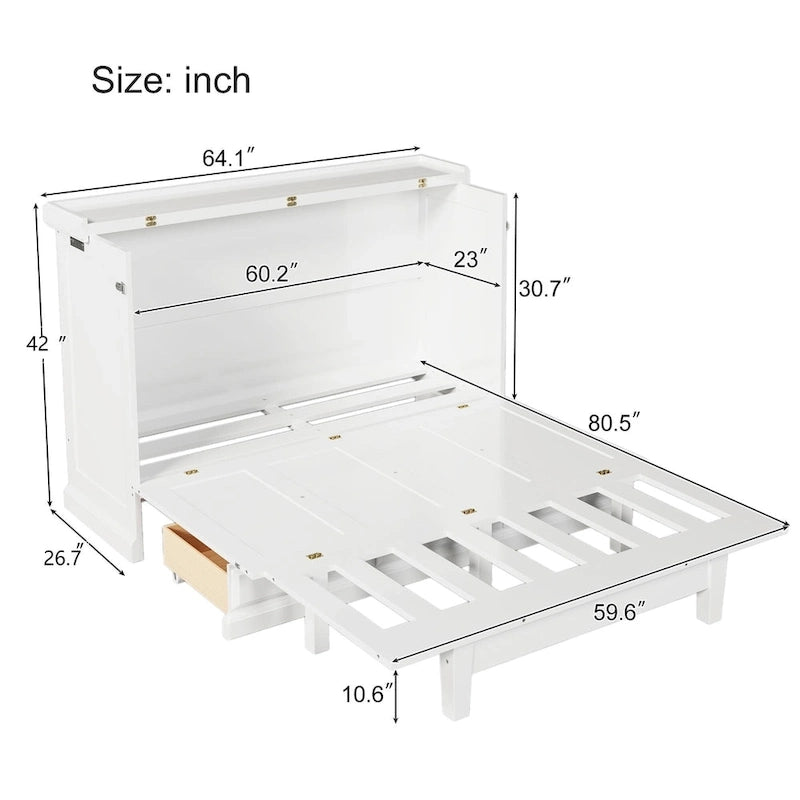 Lit escamotable de style campagnard, commode cubique convertible gain de place avec grands tiroirs et station de recharge, lit plateforme pliable