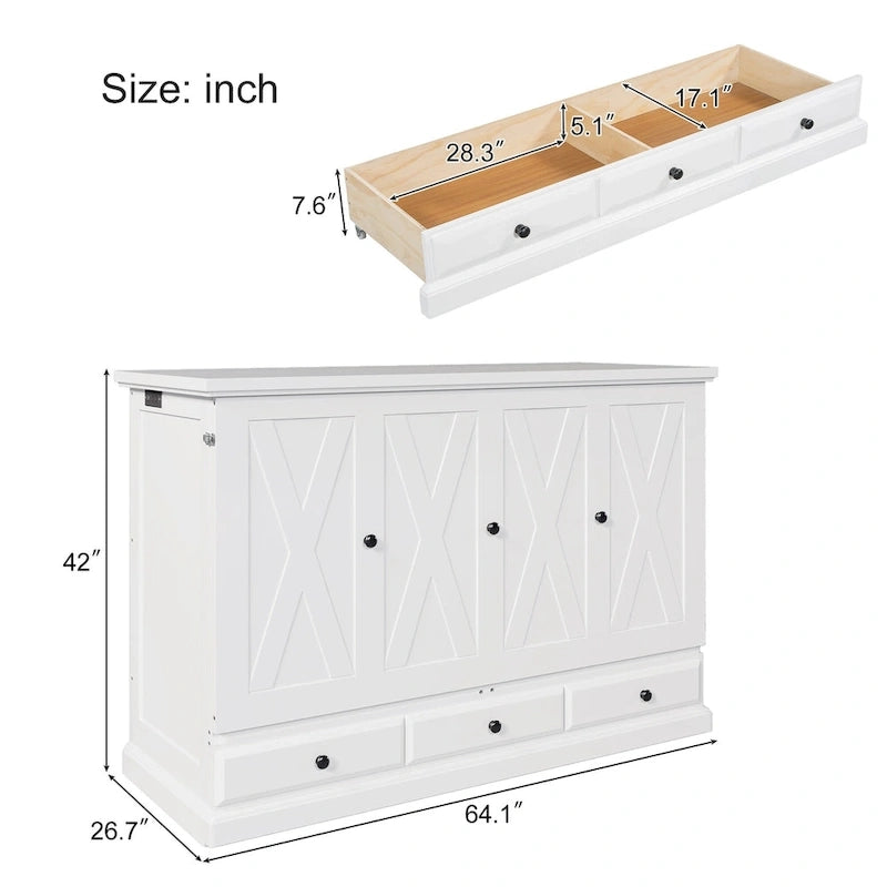Lit escamotable de style campagnard, commode cubique convertible gain de place avec grands tiroirs et station de recharge, lit plateforme pliable