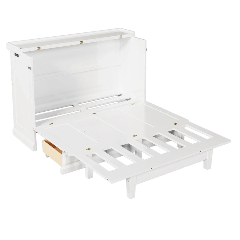 Lit escamotable de style campagnard, commode cubique convertible gain de place avec grands tiroirs et station de recharge, lit plateforme pliable