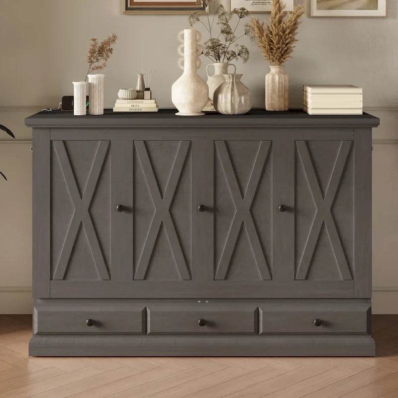 Lit escamotable de style campagnard, commode cubique convertible gain de place avec grands tiroirs et station de recharge, lit plateforme pliable