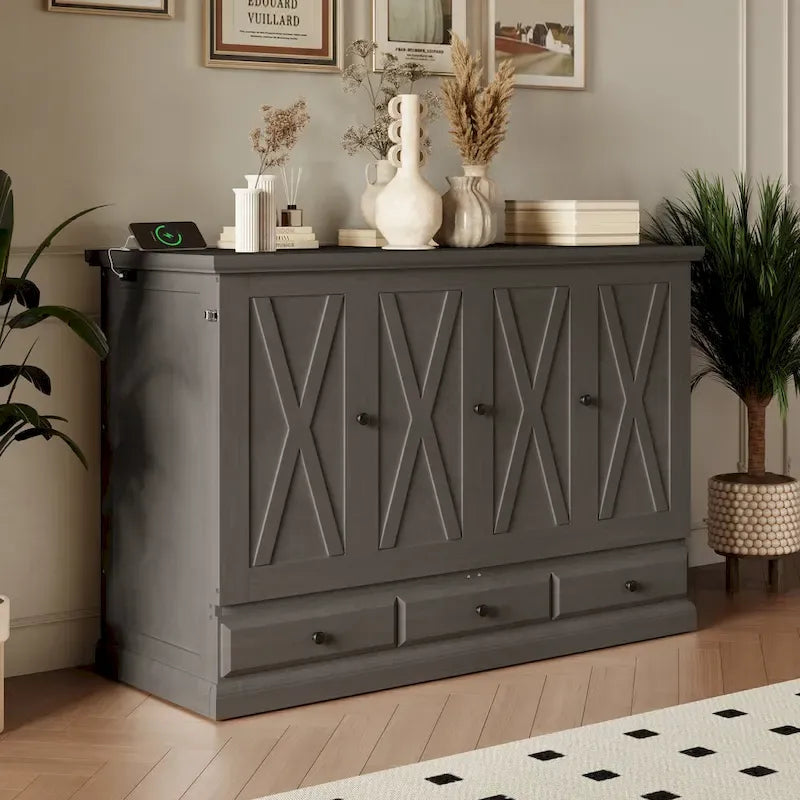 Lit escamotable de style campagnard, commode cubique convertible gain de place avec grands tiroirs et station de recharge, lit plateforme pliable
