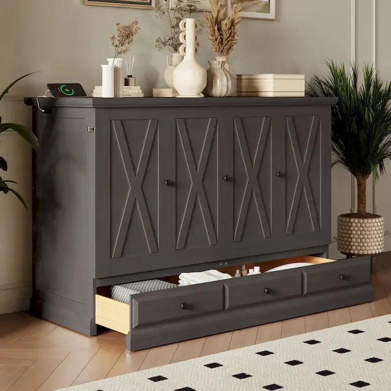 Lit escamotable de style campagnard, commode cubique convertible gain de place avec grands tiroirs et station de recharge, lit plateforme pliable
