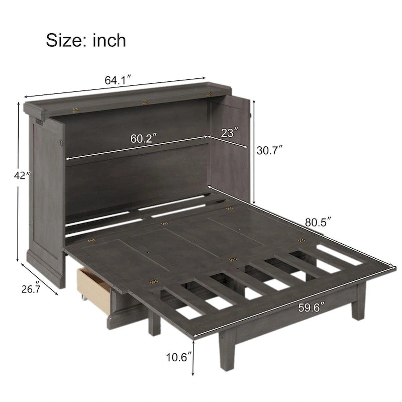 Lit escamotable de style campagnard, commode cubique convertible gain de place avec grands tiroirs et station de recharge, lit plateforme pliable
