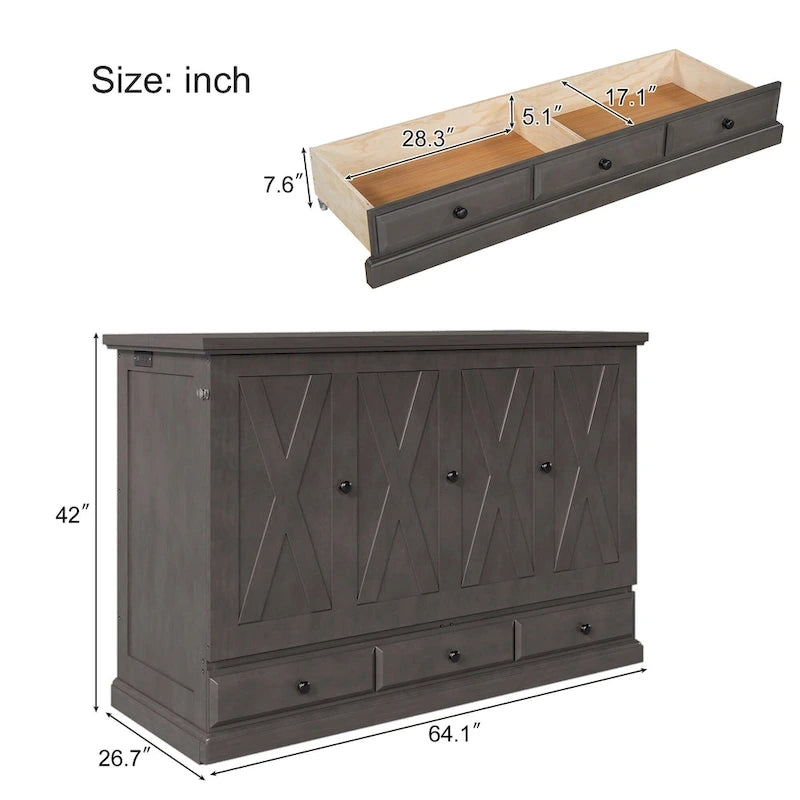 Lit escamotable de style campagnard, commode cubique convertible gain de place avec grands tiroirs et station de recharge, lit plateforme pliable