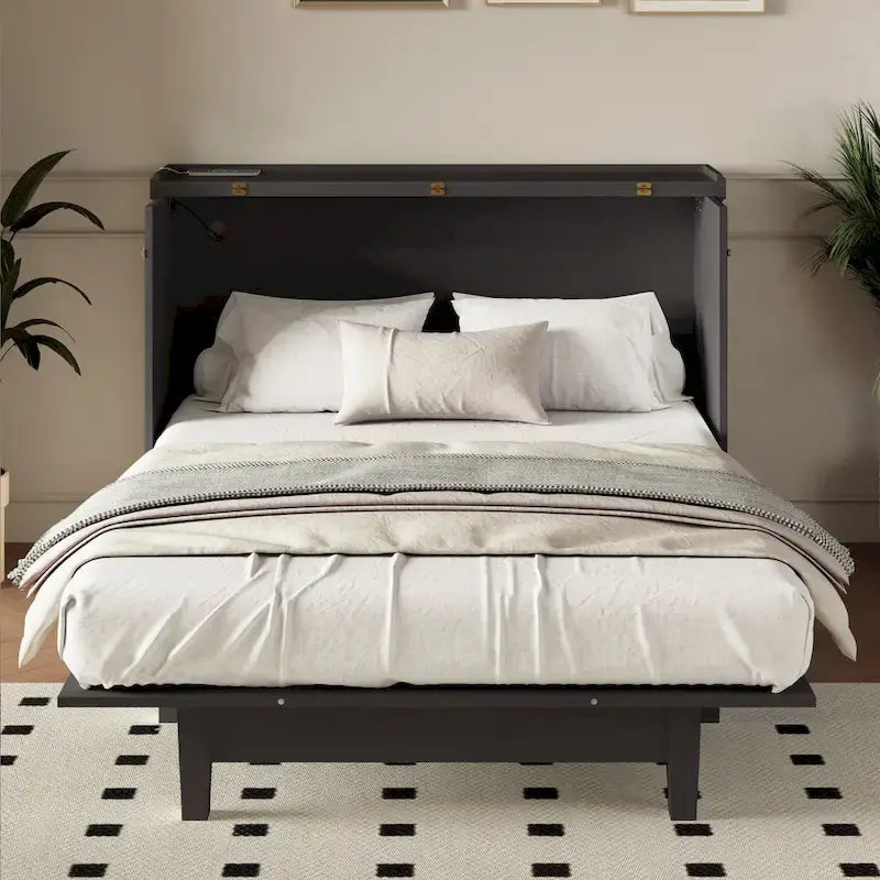 Lit escamotable de style campagnard, commode cubique convertible gain de place avec grands tiroirs et station de recharge, lit plateforme pliable