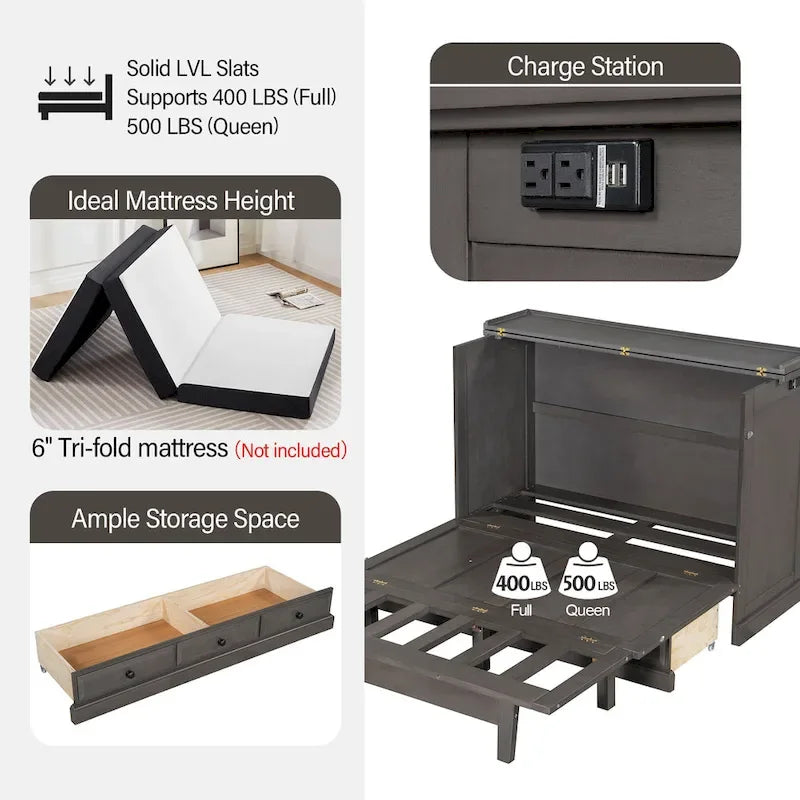 Lit escamotable de style campagnard, commode cubique convertible gain de place avec grands tiroirs et station de recharge, lit plateforme pliable