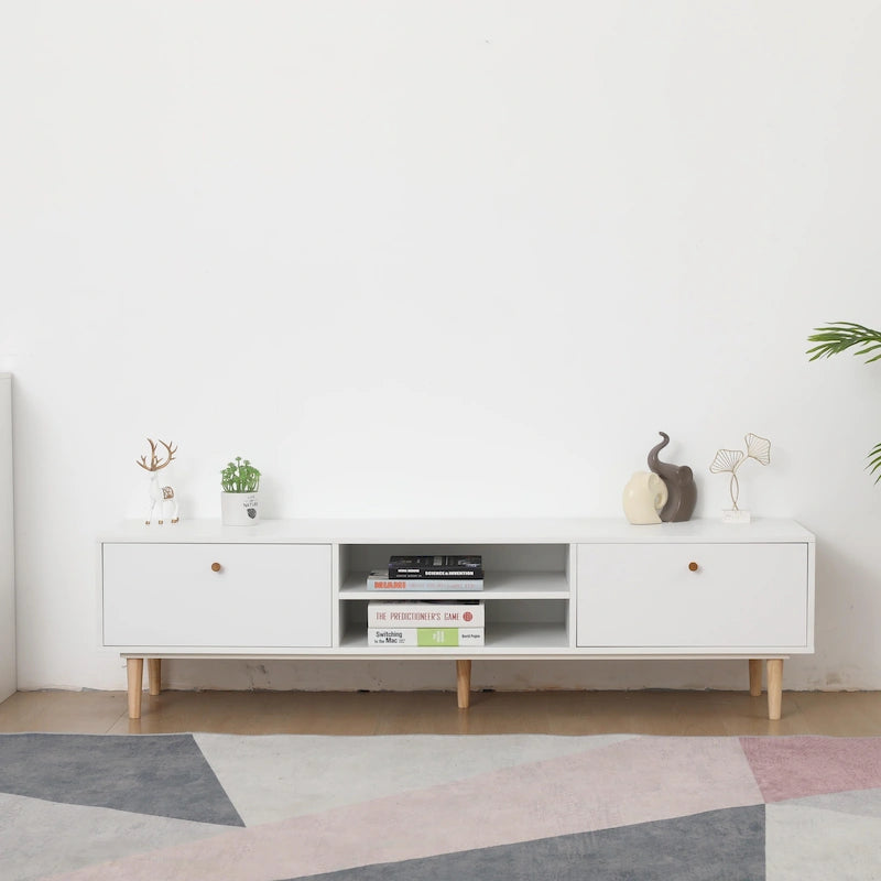 Meuble TV minimaliste blanc crème avec 2 placards de rangement et 4 pieds en bois massif pour salon, home cinéma ou appartement