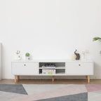 Meuble TV minimaliste blanc crème avec 2 placards de rangement et 4 pieds en bois massif pour salon, home cinéma ou appartement