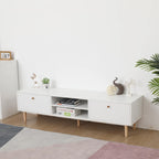 Meuble TV minimaliste blanc crème avec 2 placards de rangement et 4 pieds en bois massif pour salon, home cinéma ou appartement