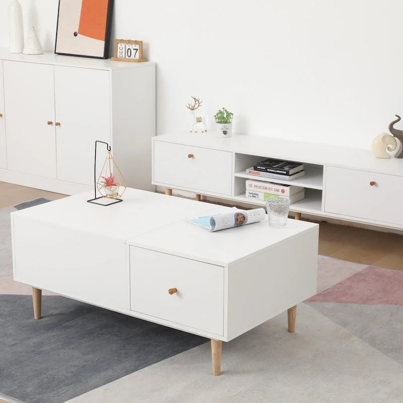 Meuble TV minimaliste blanc crème avec 2 placards de rangement et 4 pieds en bois massif pour salon, home cinéma ou appartement