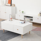 Meuble TV minimaliste blanc crème avec 2 placards de rangement et 4 pieds en bois massif pour salon, home cinéma ou appartement