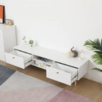 Meuble TV minimaliste blanc crème avec 2 placards de rangement et 4 pieds en bois massif pour salon, home cinéma ou appartement