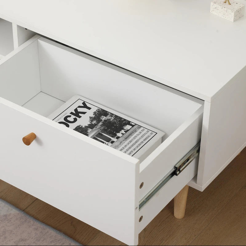 Meuble TV minimaliste blanc crème avec 2 placards de rangement et 4 pieds en bois massif pour salon, home cinéma ou appartement