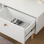 Meuble TV minimaliste blanc crème avec 2 placards de rangement et 4 pieds en bois massif pour salon, home cinéma ou appartement