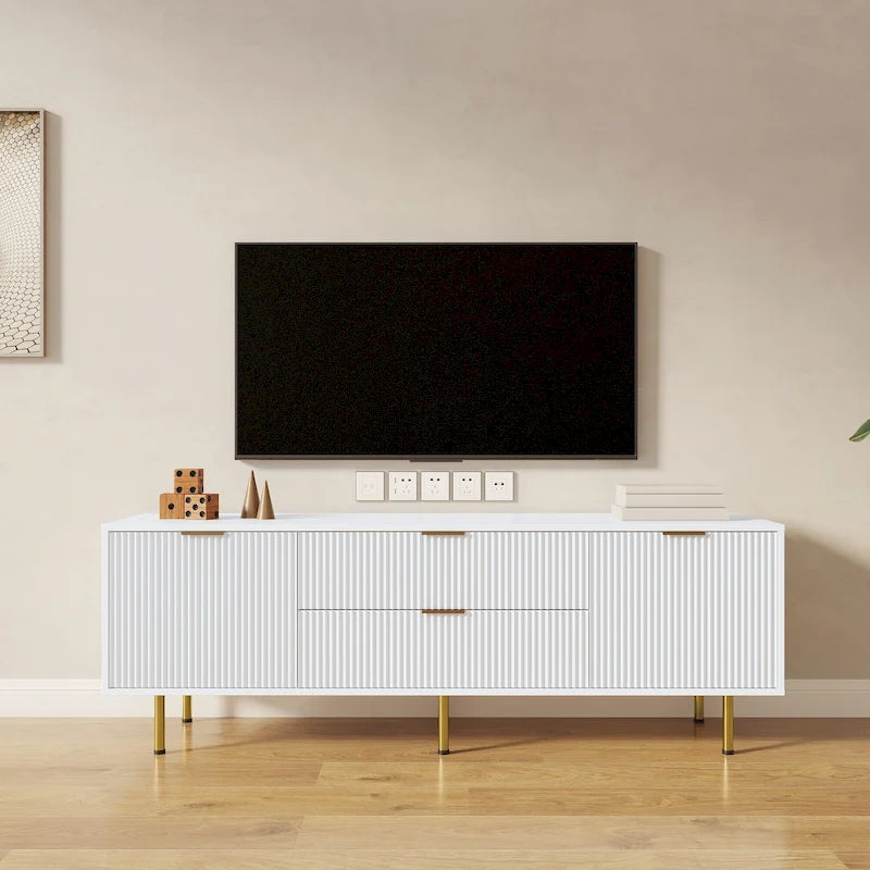Meuble TV moderne blanc chaud avec 2 placards de rangement et 2 tiroirs à fermeture douce pour appartements et salons