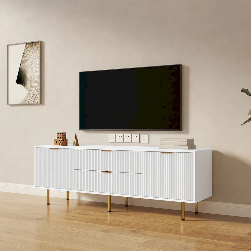 Meuble TV moderne blanc chaud avec 2 placards de rangement et 2 tiroirs à fermeture douce pour appartements et salons