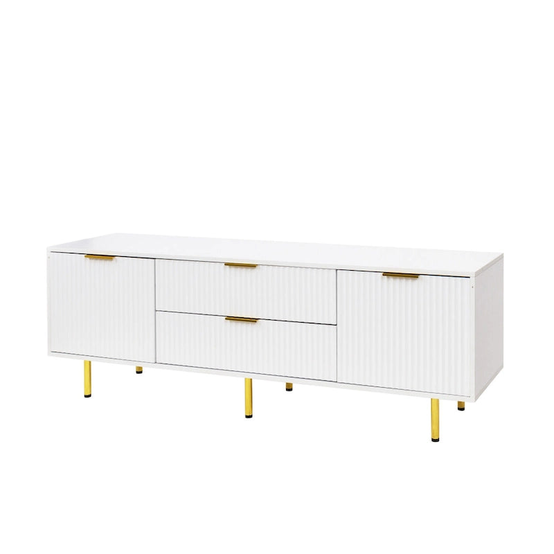 Meuble TV moderne blanc chaud avec 2 placards de rangement et 2 tiroirs à fermeture douce pour appartements et salons