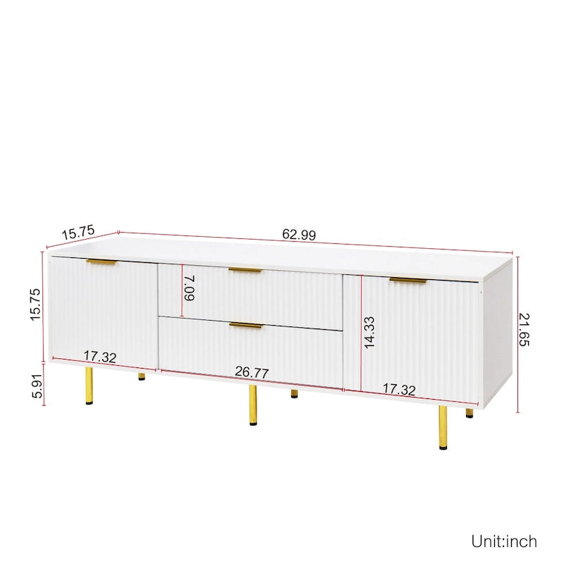 Meuble TV moderne blanc chaud avec 2 placards de rangement et 2 tiroirs à fermeture douce pour appartements et salons