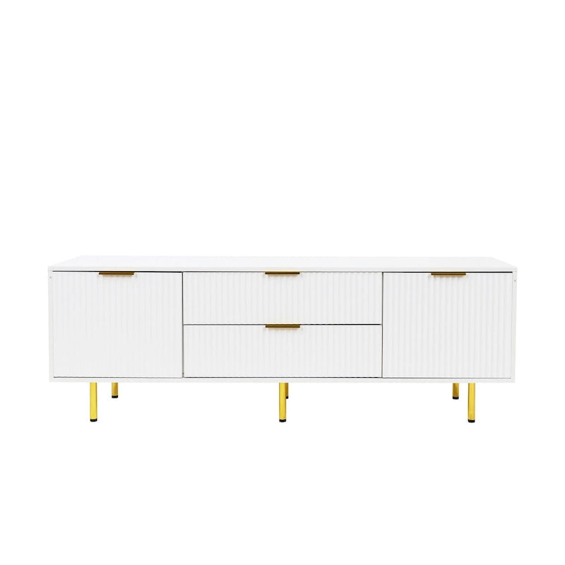 Meuble TV moderne blanc chaud avec 2 placards de rangement et 2 tiroirs à fermeture douce pour appartements et salons