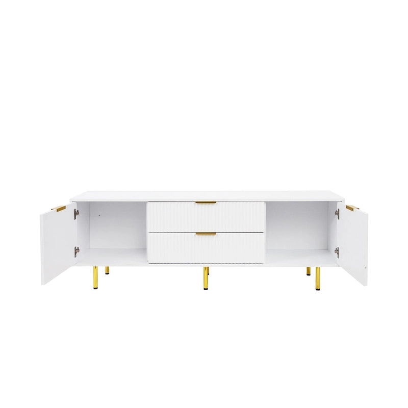 Meuble TV moderne blanc chaud avec 2 placards de rangement et 2 tiroirs à fermeture douce pour appartements et salons