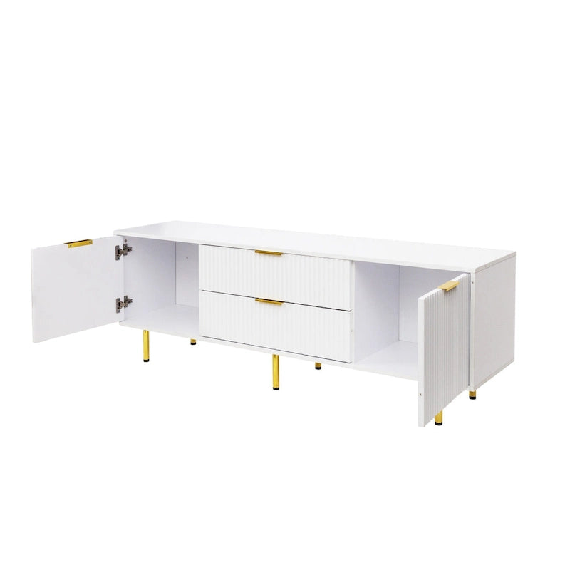 Meuble TV moderne blanc chaud avec 2 placards de rangement et 2 tiroirs à fermeture douce pour appartements et salons