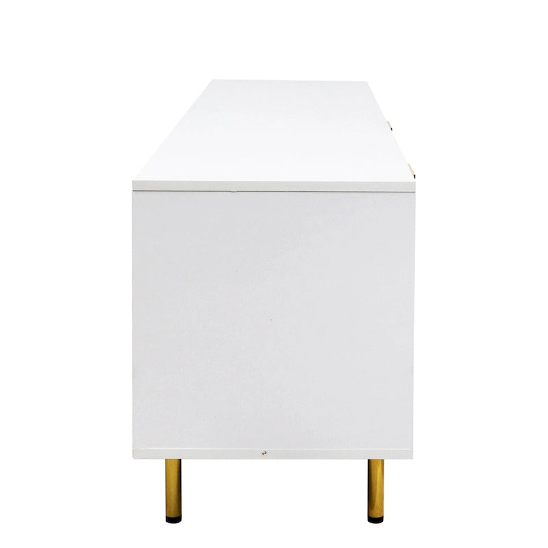 Meuble TV moderne blanc chaud avec 2 placards de rangement et 2 tiroirs à fermeture douce pour appartements et salons