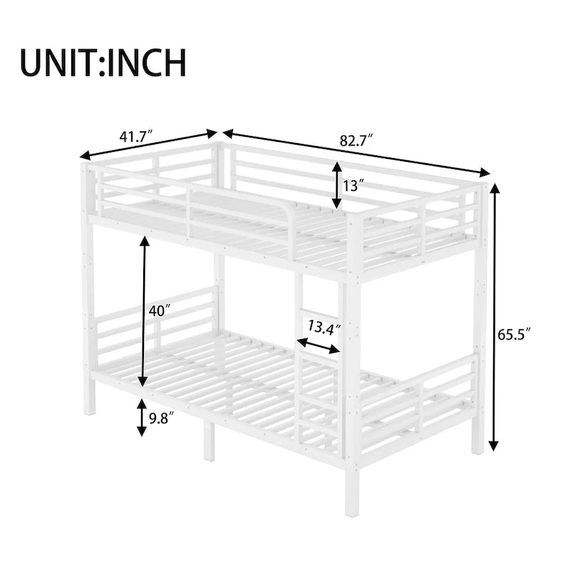 Lit superposé en métal pour adolescents et adultes (deux lits simples XL superposés), gain de place, insonorisé, sans sommier, blanc.
