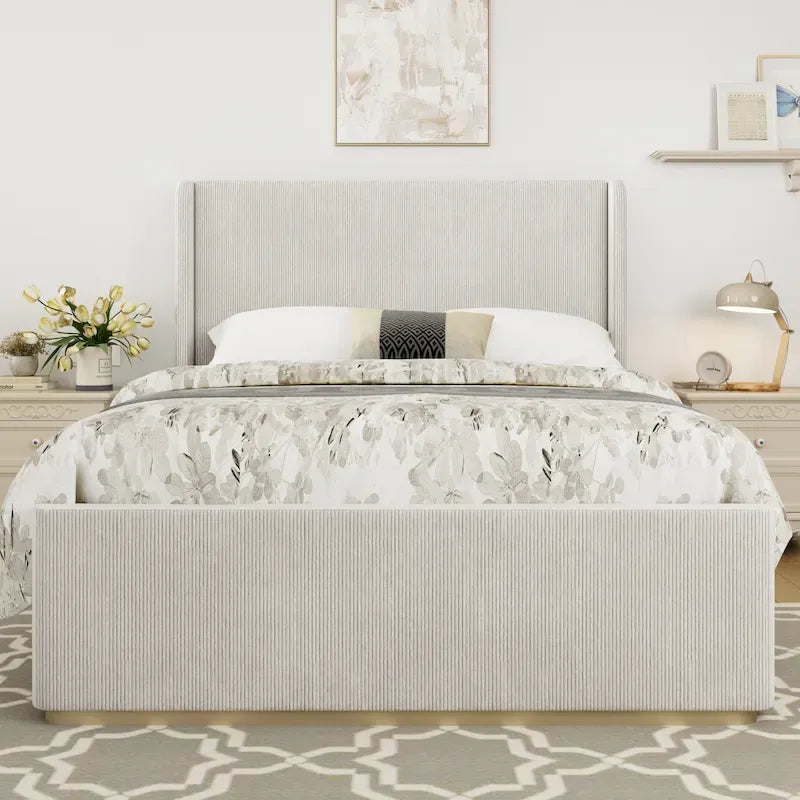 Lit King Size en velours côtelé avec tête de lit à oreilles de 47 pouces et cadre en métal/bois (sommier non nécessaire)