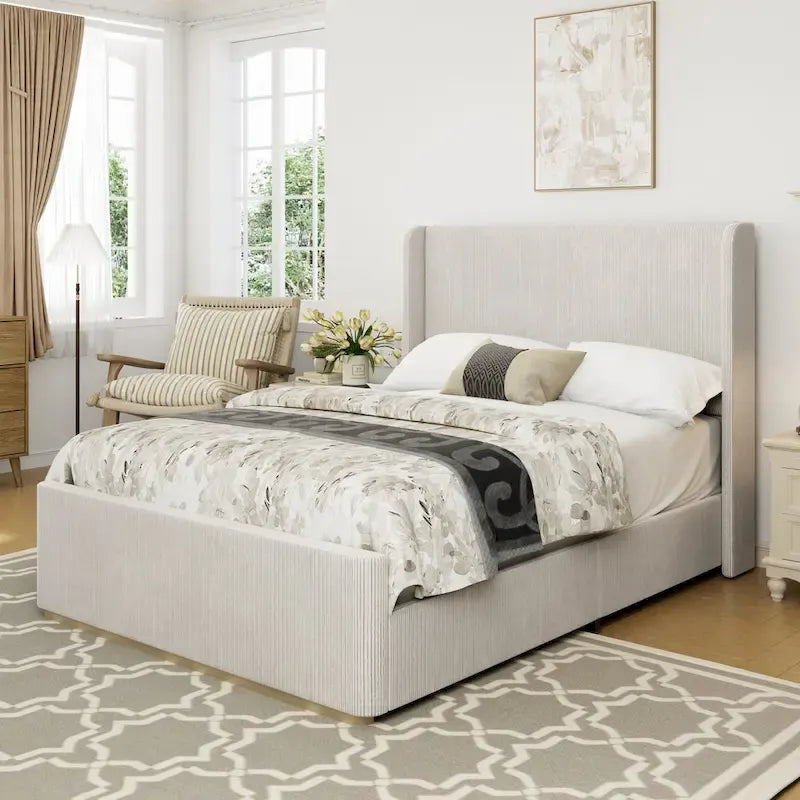 Lit King Size en velours côtelé avec tête de lit à oreilles de 47 pouces et cadre en métal/bois (sommier non nécessaire)