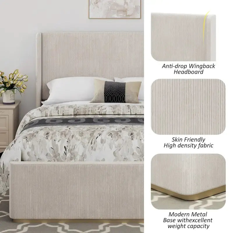 Lit King Size en velours côtelé avec tête de lit à oreilles de 47 pouces et cadre en métal/bois (sommier non nécessaire)