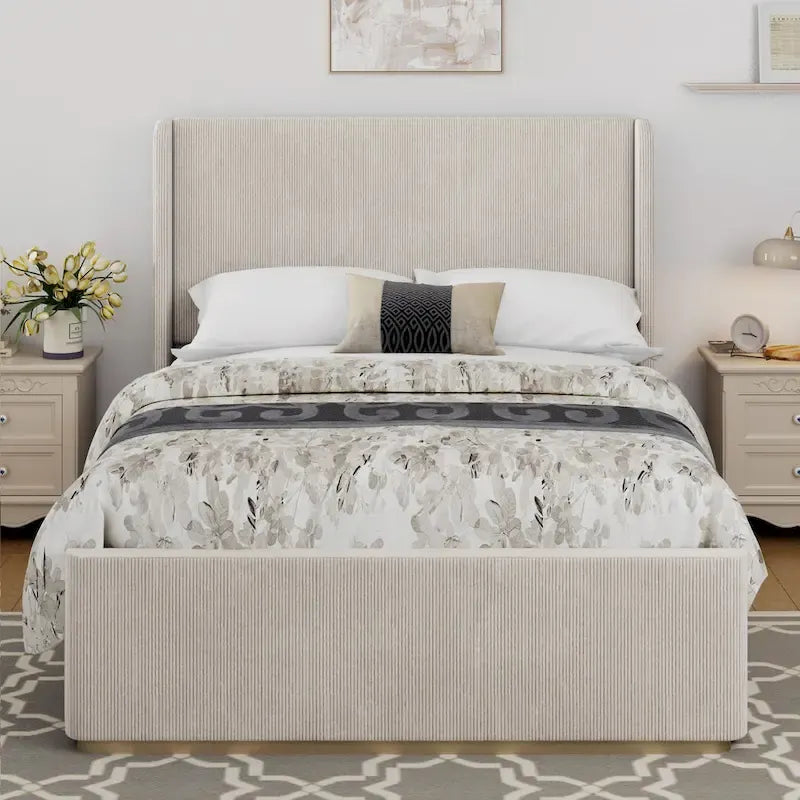 Lit King Size en velours côtelé avec tête de lit à oreilles de 47 pouces et cadre en métal/bois (sommier non nécessaire)