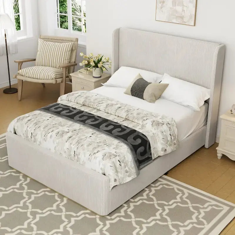 Lit King Size en velours côtelé avec tête de lit à oreilles de 47 pouces et cadre en métal/bois (sommier non nécessaire)