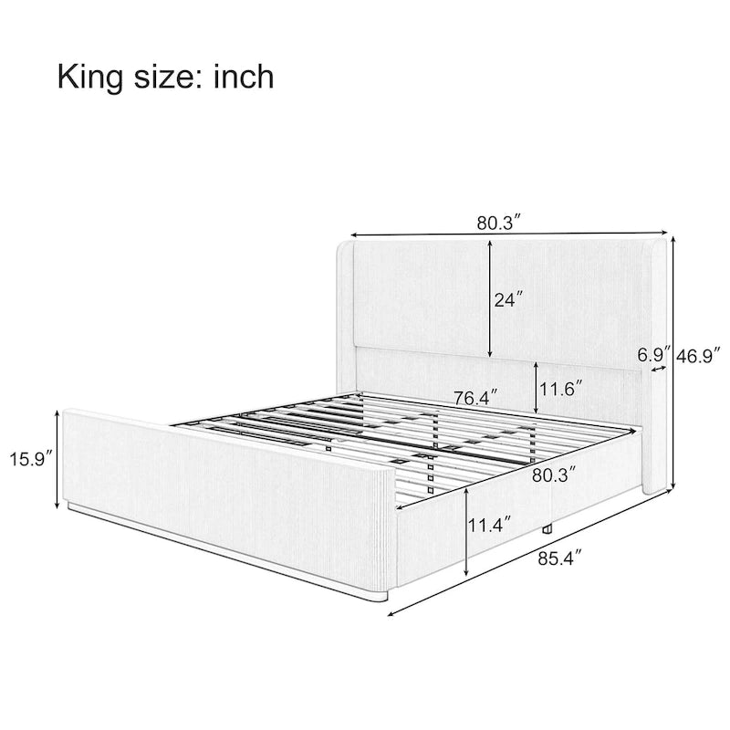 Lit King Size en velours côtelé avec tête de lit à oreilles de 47 pouces et cadre en métal/bois (sommier non nécessaire)
