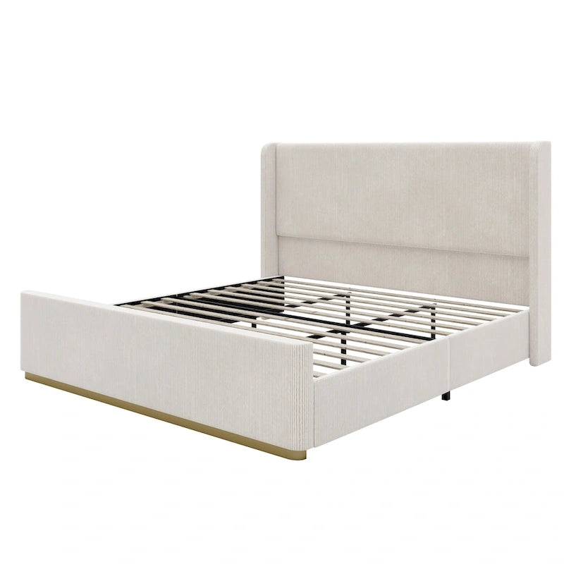 Lit King Size en velours côtelé avec tête de lit à oreilles de 47 pouces et cadre en métal/bois (sommier non nécessaire)