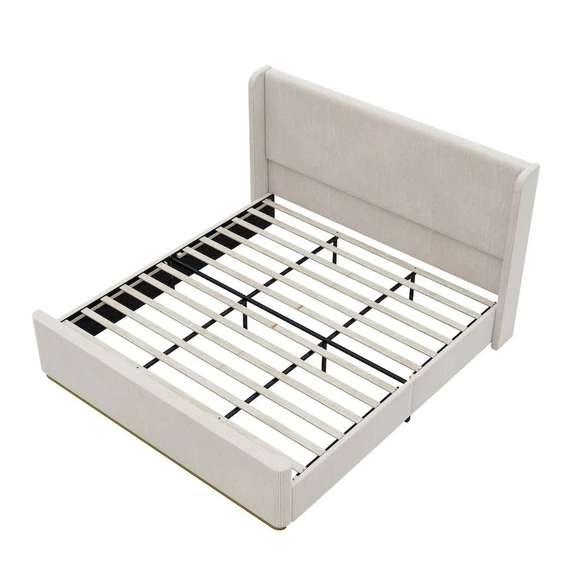 Lit King Size en velours côtelé avec tête de lit à oreilles de 47 pouces et cadre en métal/bois (sommier non nécessaire)