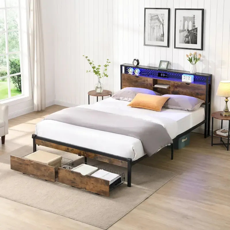 Lit plateforme moderne en métal, format king size, avec tête de lit en bois, 2 tiroirs et éclairage LED.