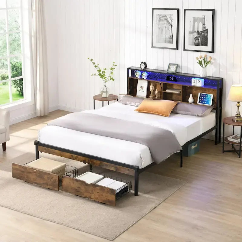 Lit plateforme moderne en métal, format king size, avec tête de lit en bois, 2 tiroirs et éclairage LED.
