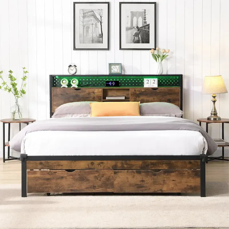 Lit plateforme moderne en métal, format king size, avec tête de lit en bois, 2 tiroirs et éclairage LED.