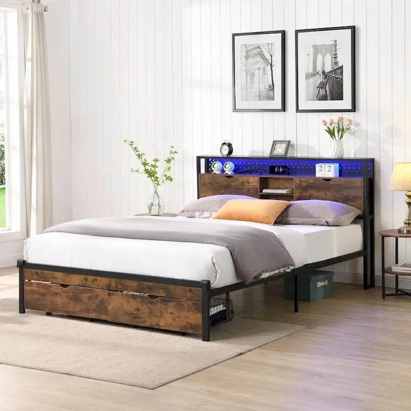 Lit plateforme moderne en métal, format king size, avec tête de lit en bois, 2 tiroirs et éclairage LED.