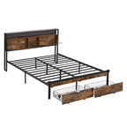 Lit plateforme moderne en métal, format king size, avec tête de lit en bois, 2 tiroirs et éclairage LED.