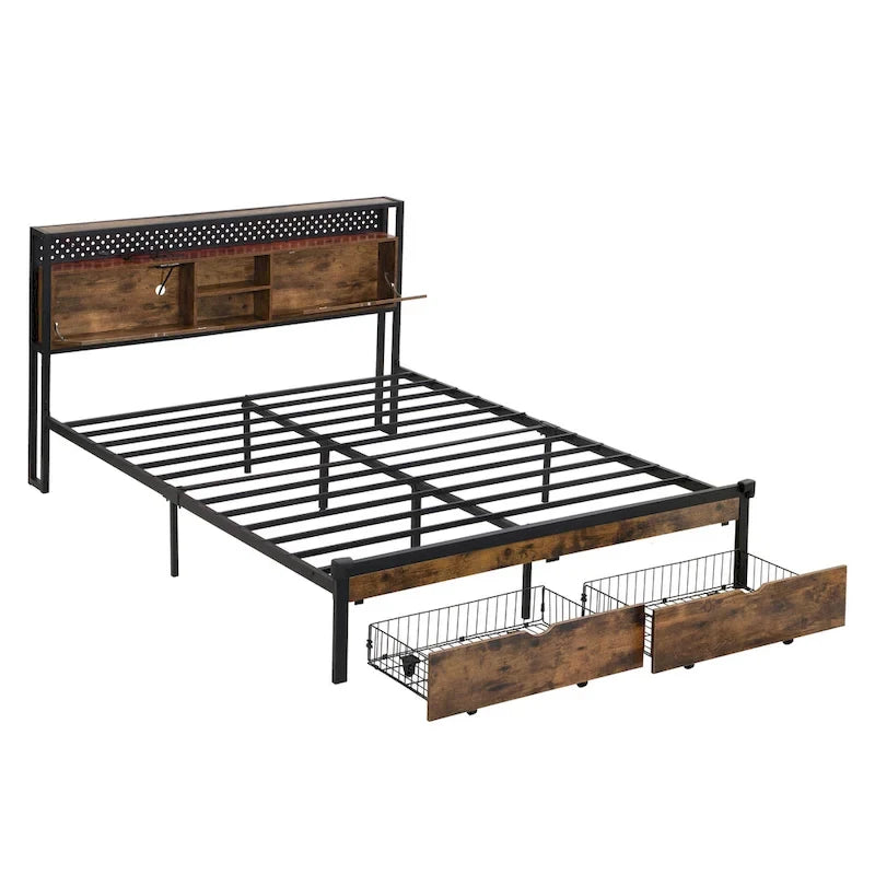 Lit plateforme moderne en métal, format king size, avec tête de lit en bois, 2 tiroirs et éclairage LED.