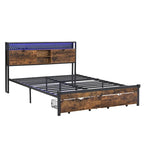 Lit plateforme moderne en métal, format king size, avec tête de lit en bois, 2 tiroirs et éclairage LED.