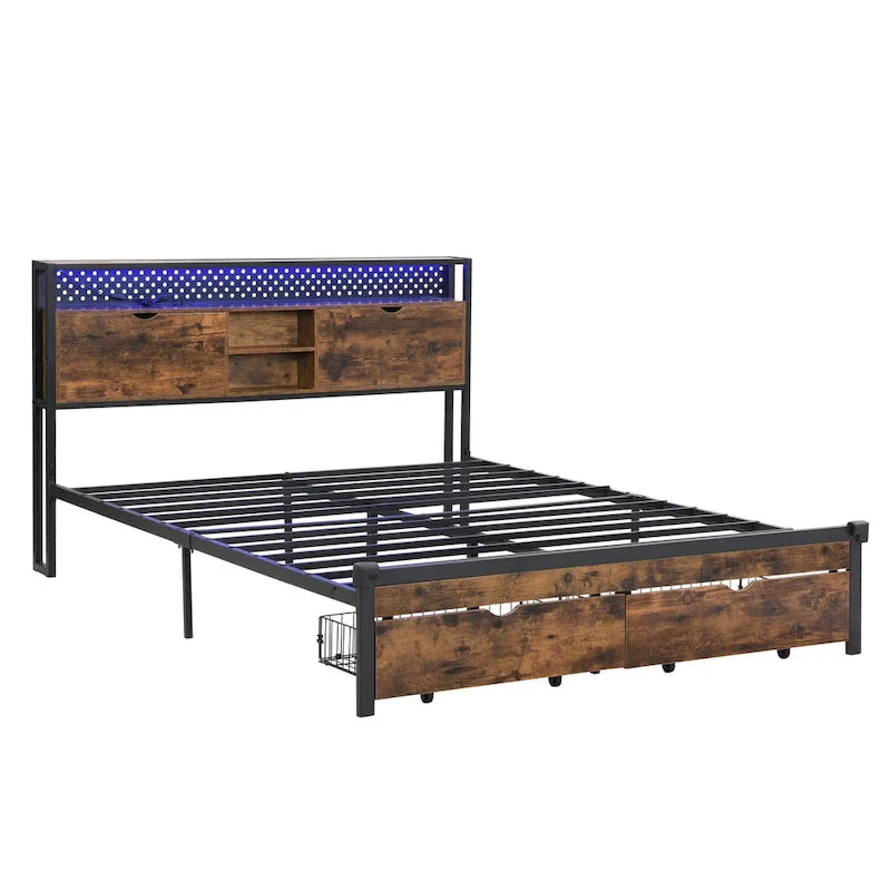 Lit plateforme moderne en métal, format king size, avec tête de lit en bois, 2 tiroirs et éclairage LED.
