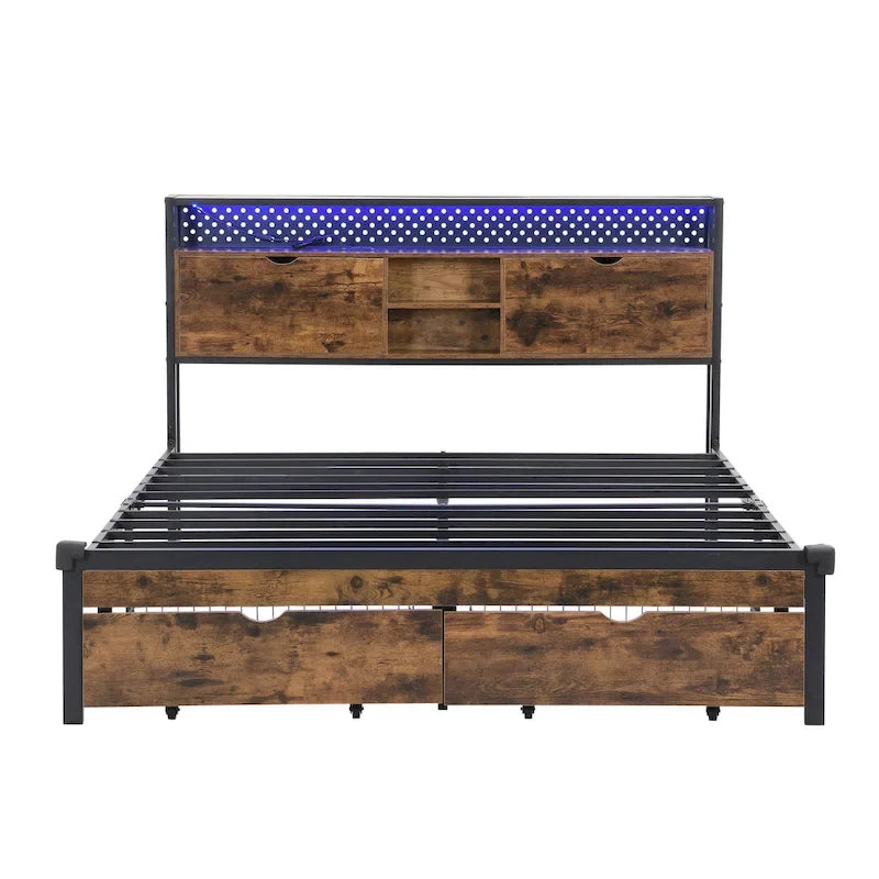 Lit plateforme moderne en métal, format king size, avec tête de lit en bois, 2 tiroirs et éclairage LED.