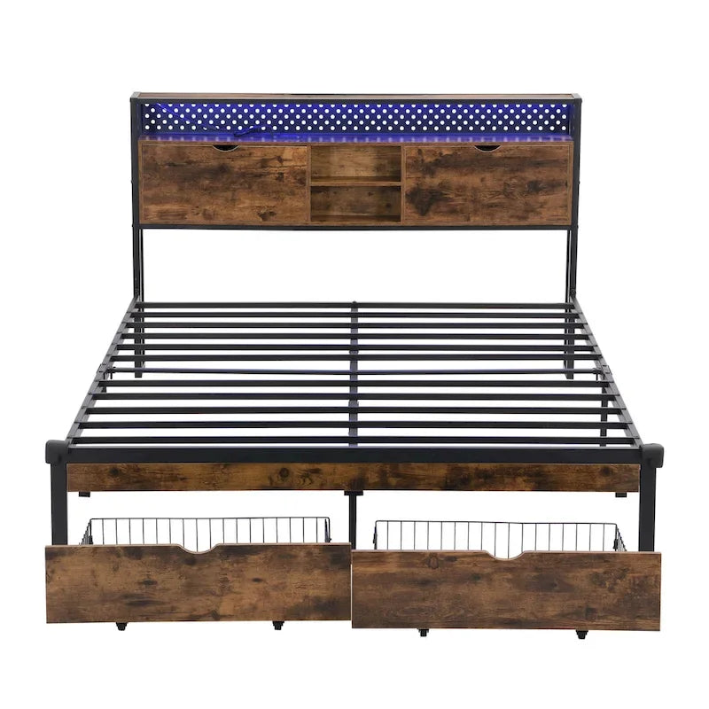 Lit plateforme moderne en métal, format king size, avec tête de lit en bois, 2 tiroirs et éclairage LED.